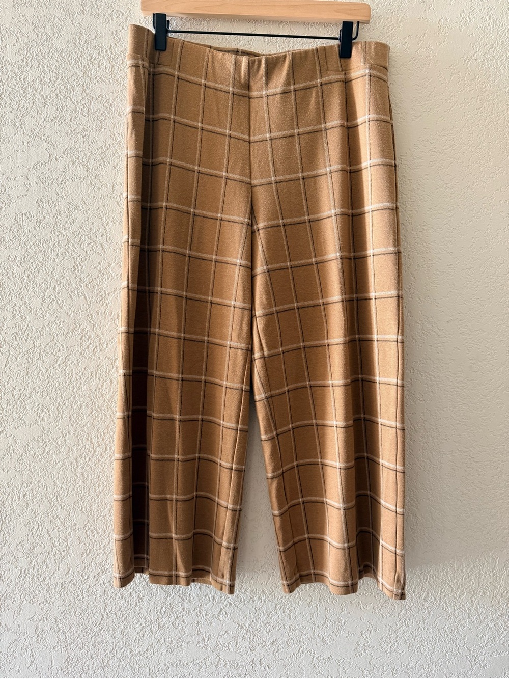 J. JILL Ponte Camel Plaid Knit Cropped Full Leg Pull On Wide Leg Women Sz Large